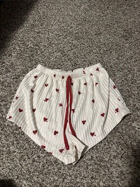 SHEIN White Lounge Shorts with Red Heart Print and Red Drawstring